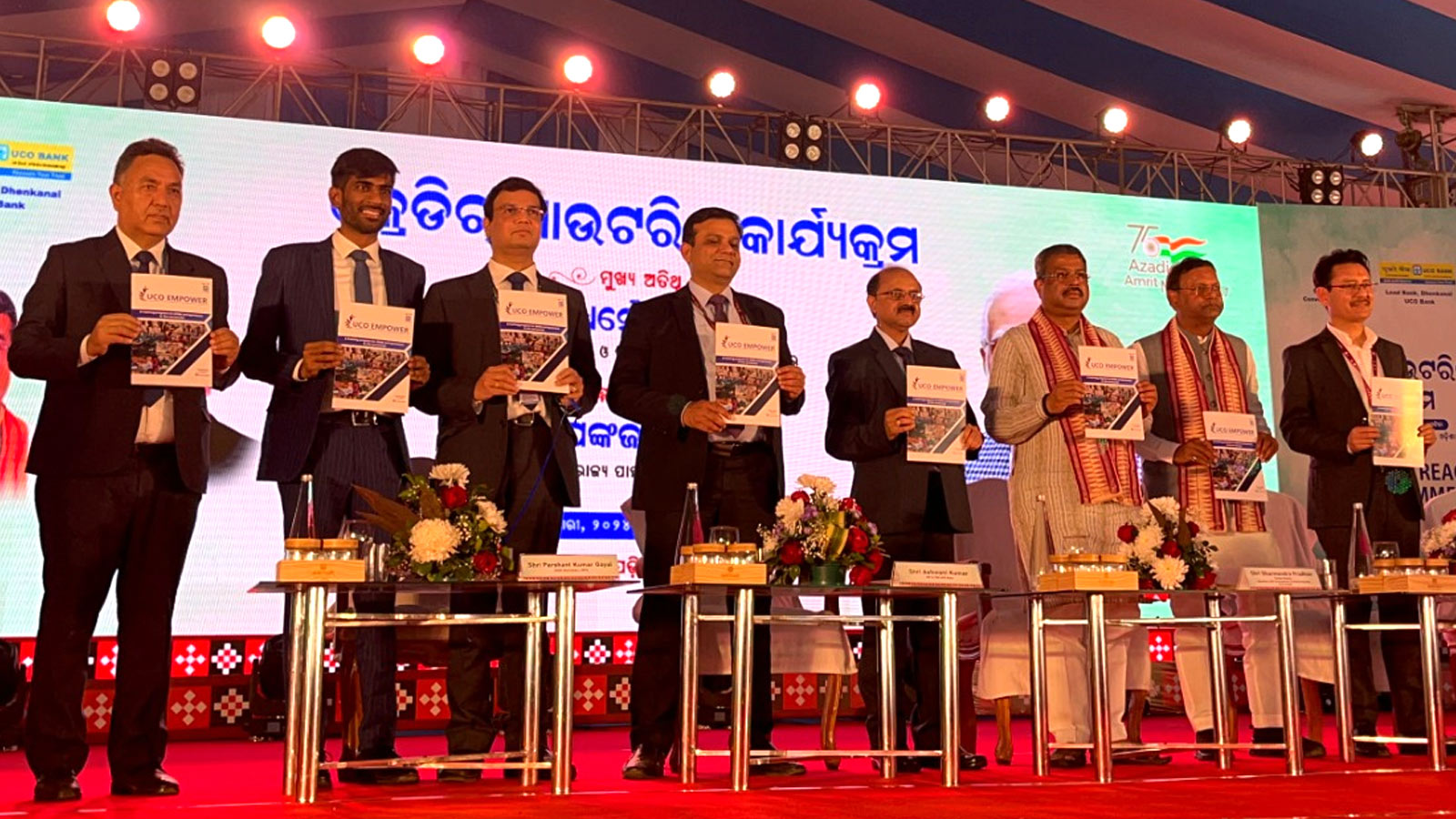 Ranjeet Singh. GM, UCO Bank; Suresh, Co-Founder, Poornatha; Panda Satya Ranjan, GM, UCO Bank; Dr Parshant Kumar Goyal, Joint Secretary, Department of Financial Services, Ministry of Finance; Ashwani Kumar, MD & CEO of UCO Bank; Dharmendra Pradhan, Union Minister of Education, Skill Development and Entrepreneurship; Pankaj Chaudhary, Minister of State for Finance; Goverdhan S. Rawat, Deputy Managing Director, NABARD Mumbai